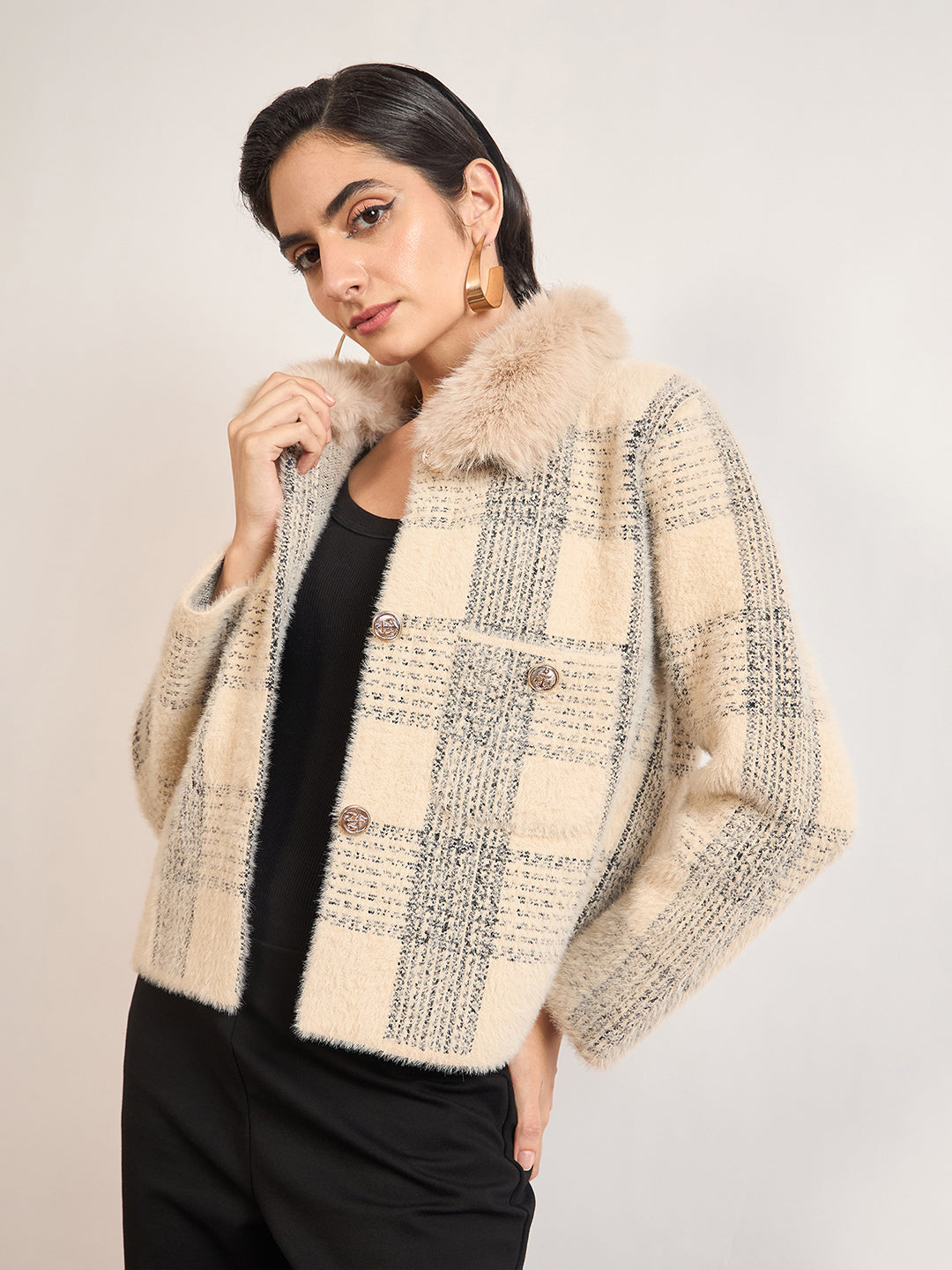 Beige Cotton Poly Checkered Fur Sweater