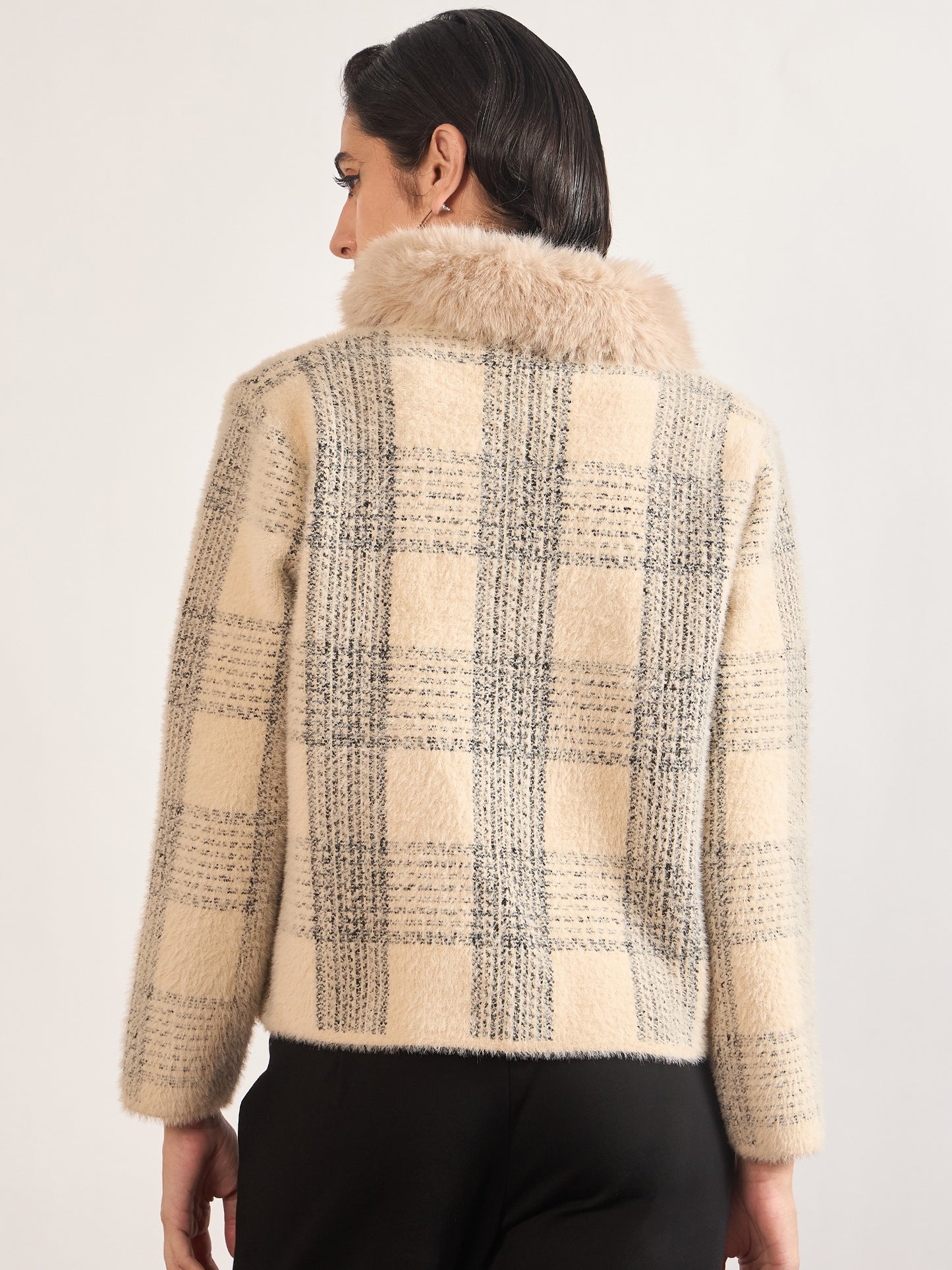 Beige Cotton Poly Checkered Fur Sweater