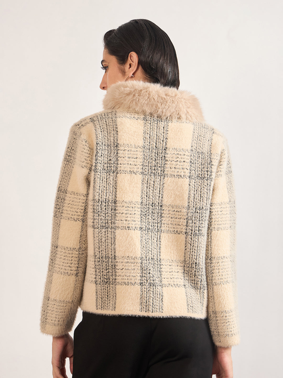 Beige Cotton Poly Checkered Fur Sweater