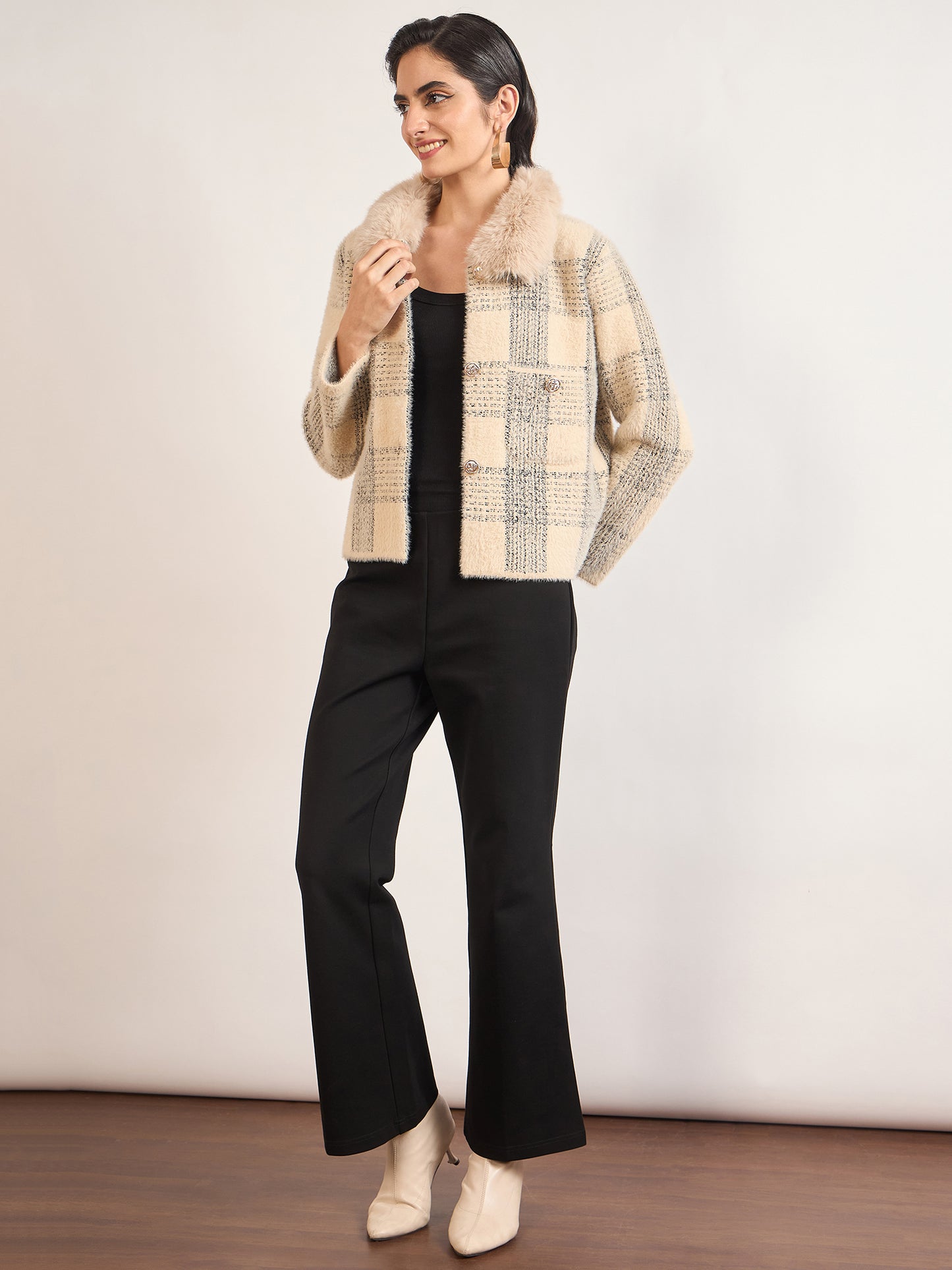 Beige Cotton Poly Checkered Fur Sweater
