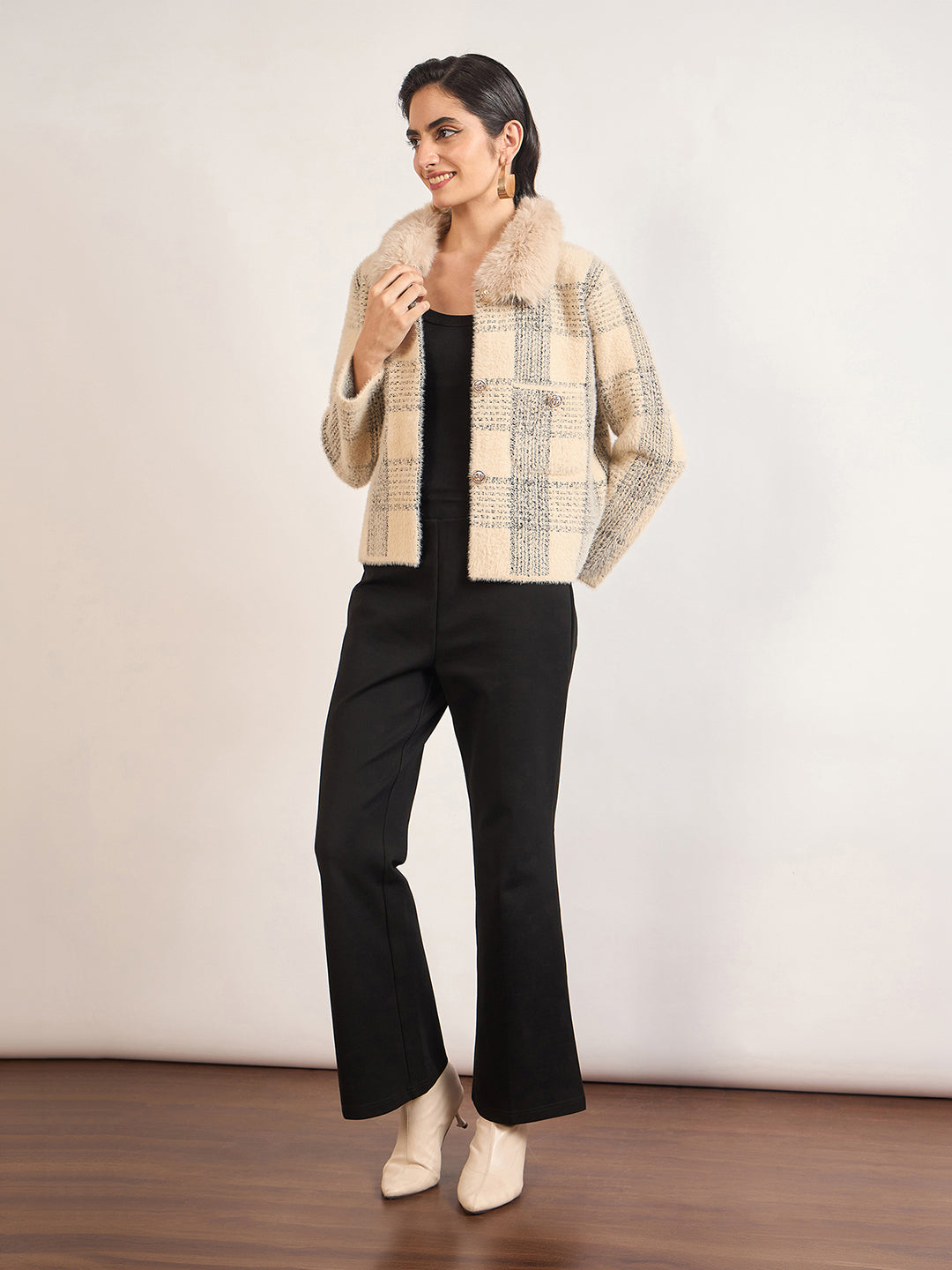 Beige Cotton Poly Checkered Fur Sweater