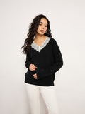 Black Acrylic-Wool Sweater With Lace Detailing