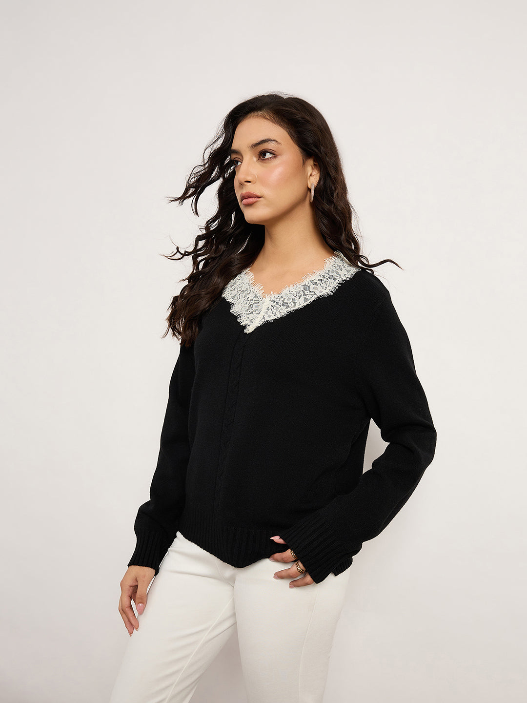Black Acrylic-Wool Sweater With Lace Detailing