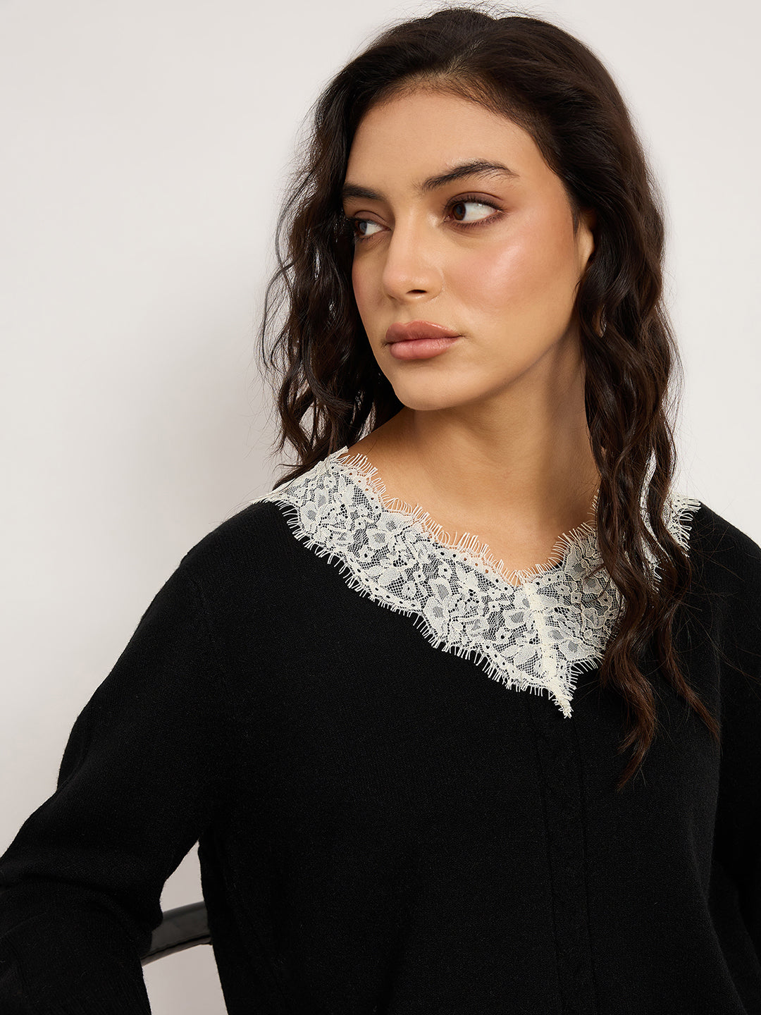 Black Acrylic-Wool Sweater With Lace Detailing