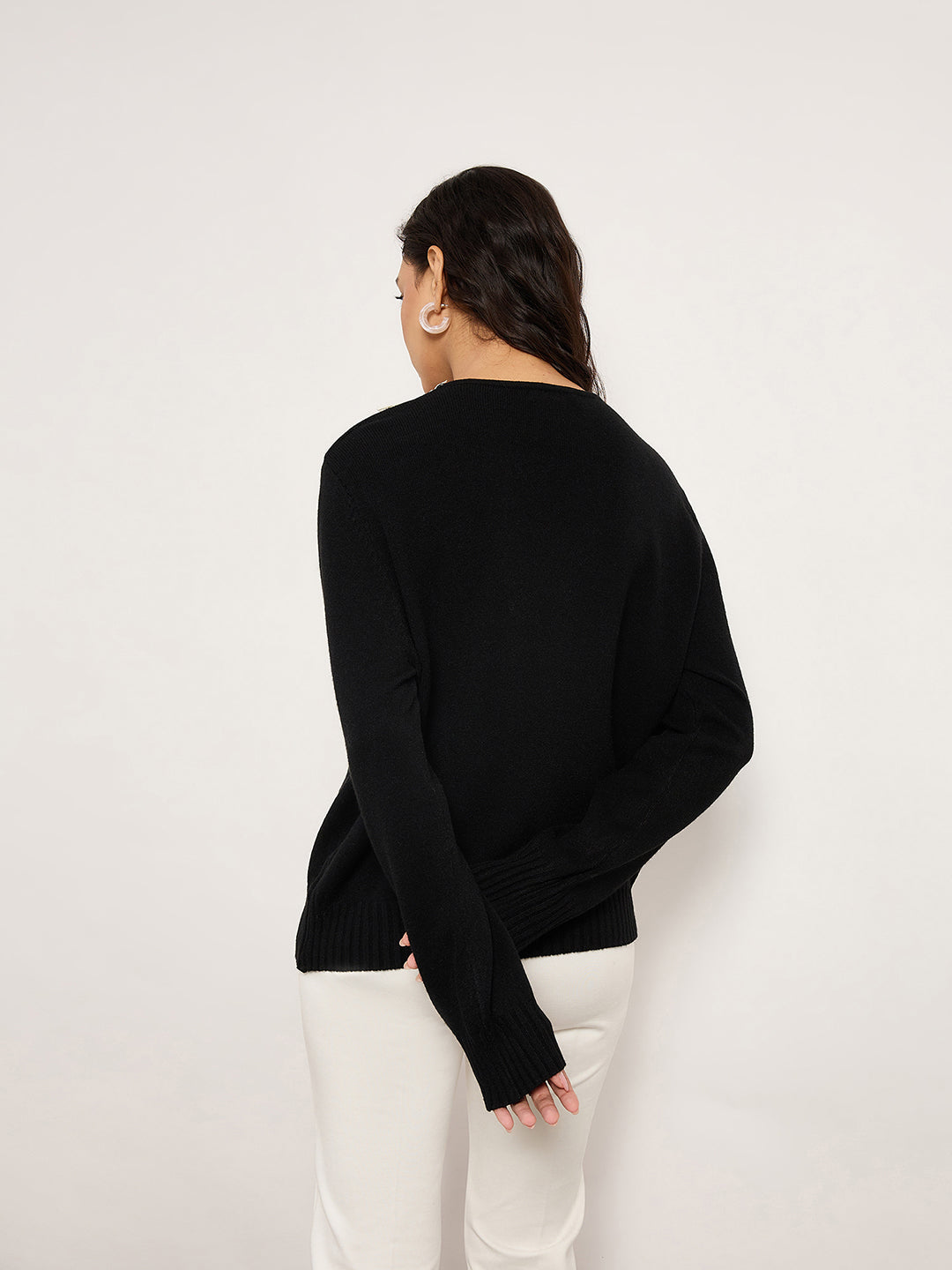 Black Acrylic-Wool Sweater With Lace Detailing