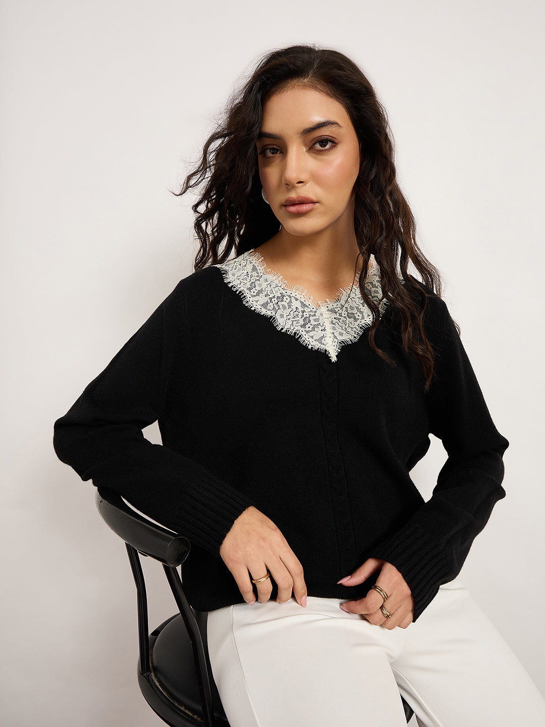 Black Acrylic-Wool Sweater With Lace Detailing