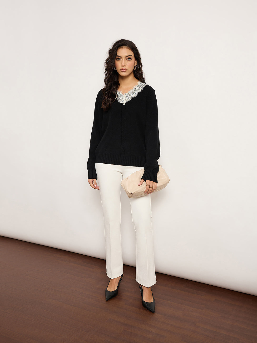 Black Acrylic-Wool Sweater With Lace Detailing