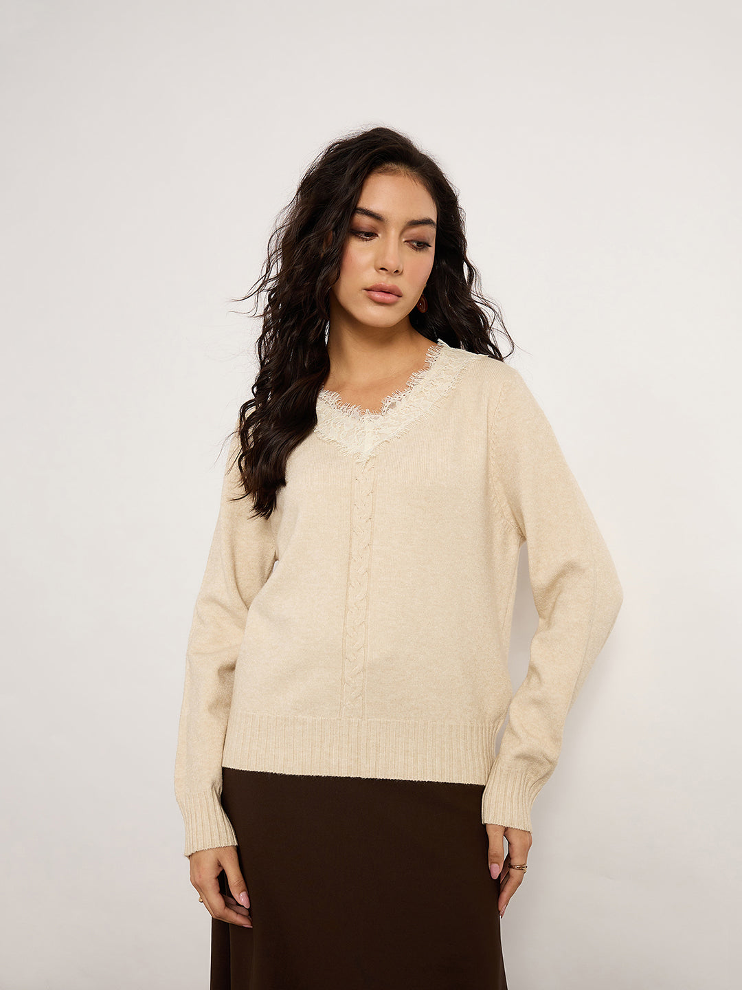 Khaki Acrylic-Wool Sweater With Lace Detailing
