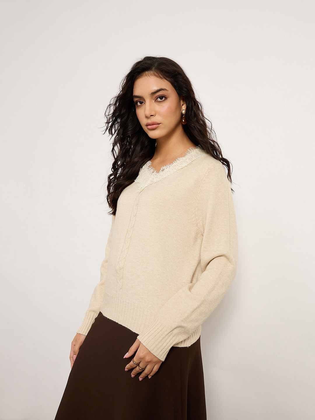 Khaki Acrylic-Wool Sweater With Lace Detailing