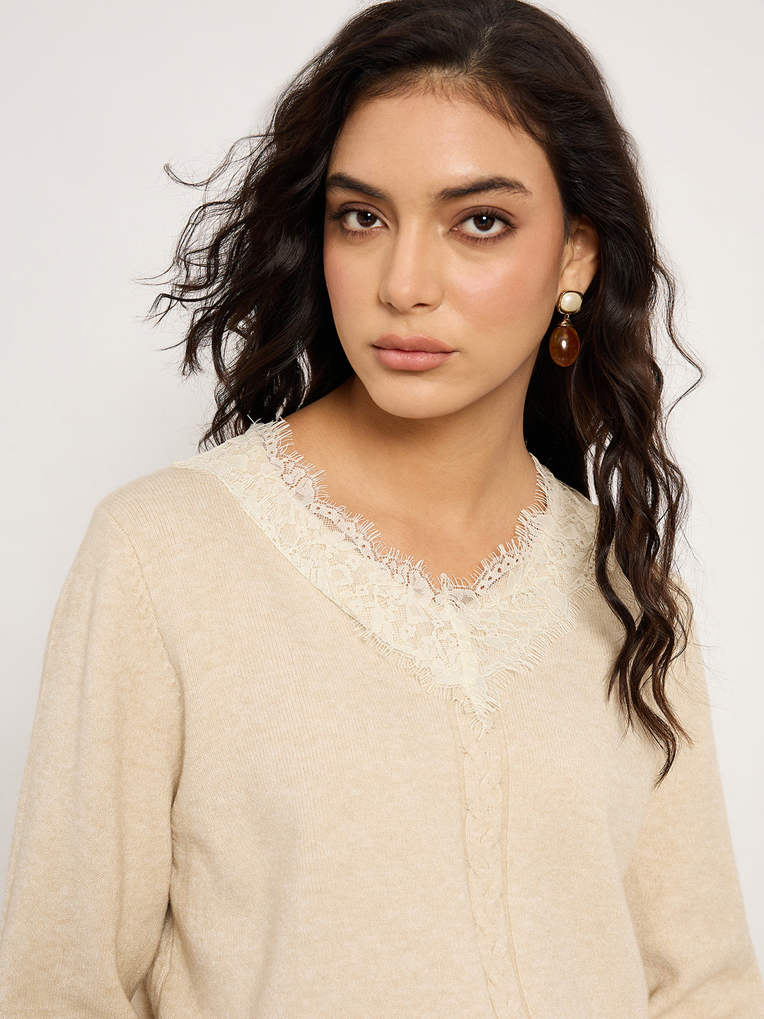 Khaki Acrylic-Wool Sweater With Lace Detailing