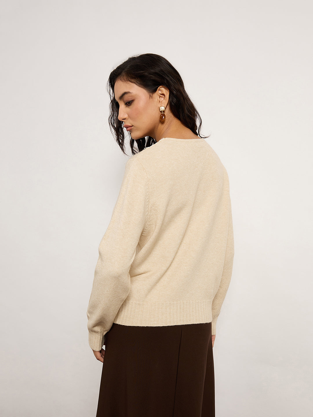 Khaki Acrylic-Wool Sweater With Lace Detailing