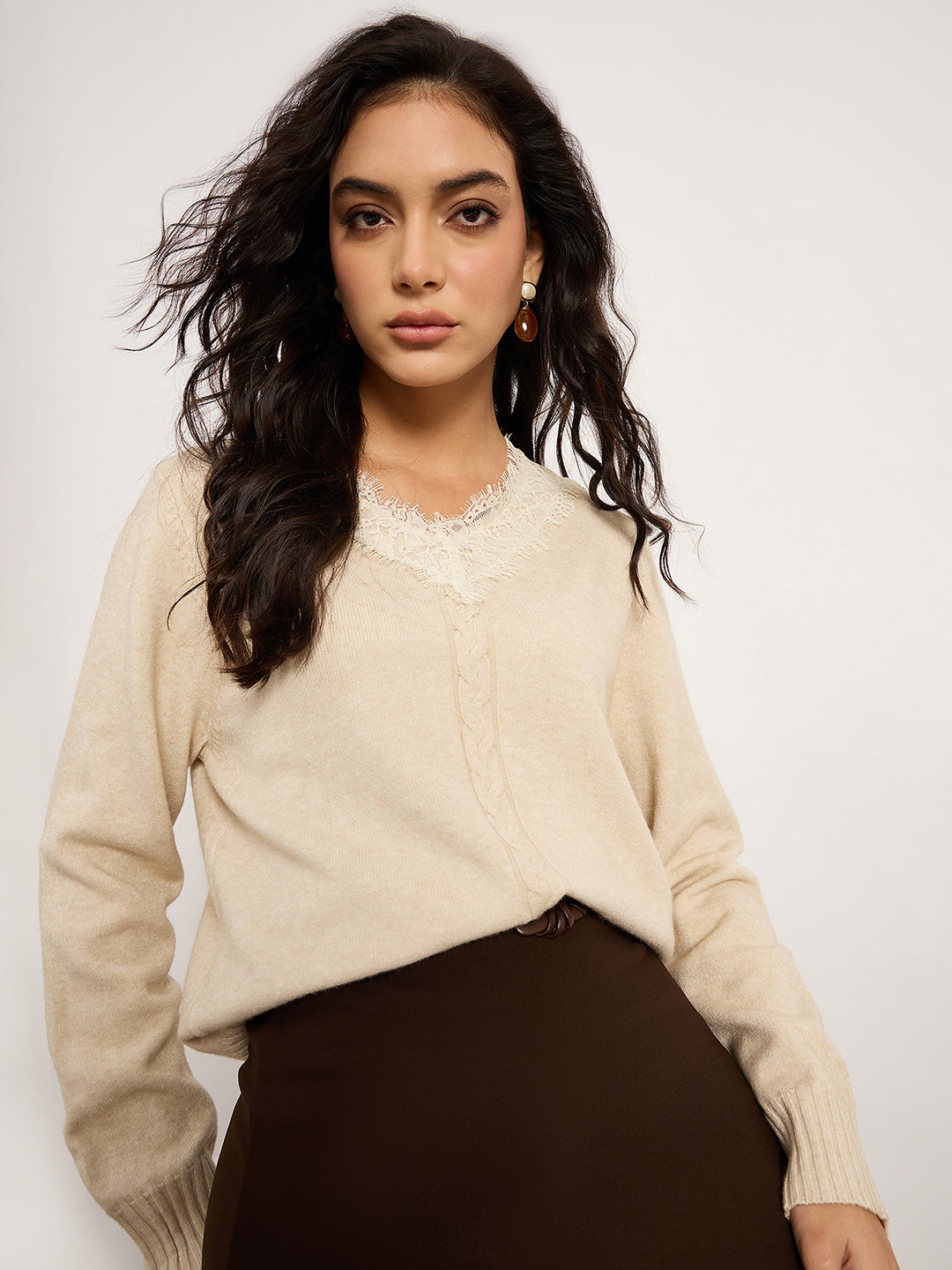 Khaki Acrylic-Wool Sweater With Lace Detailing