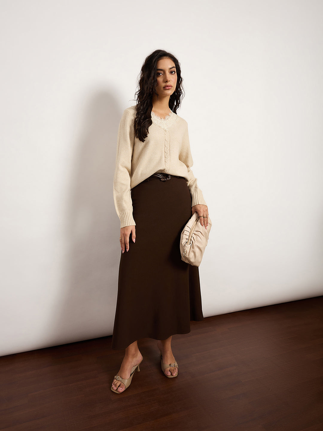 Khaki Acrylic-Wool Sweater With Lace Detailing