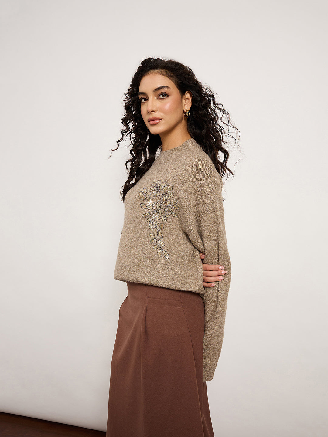 Khaki Sweater With Embellished Patch