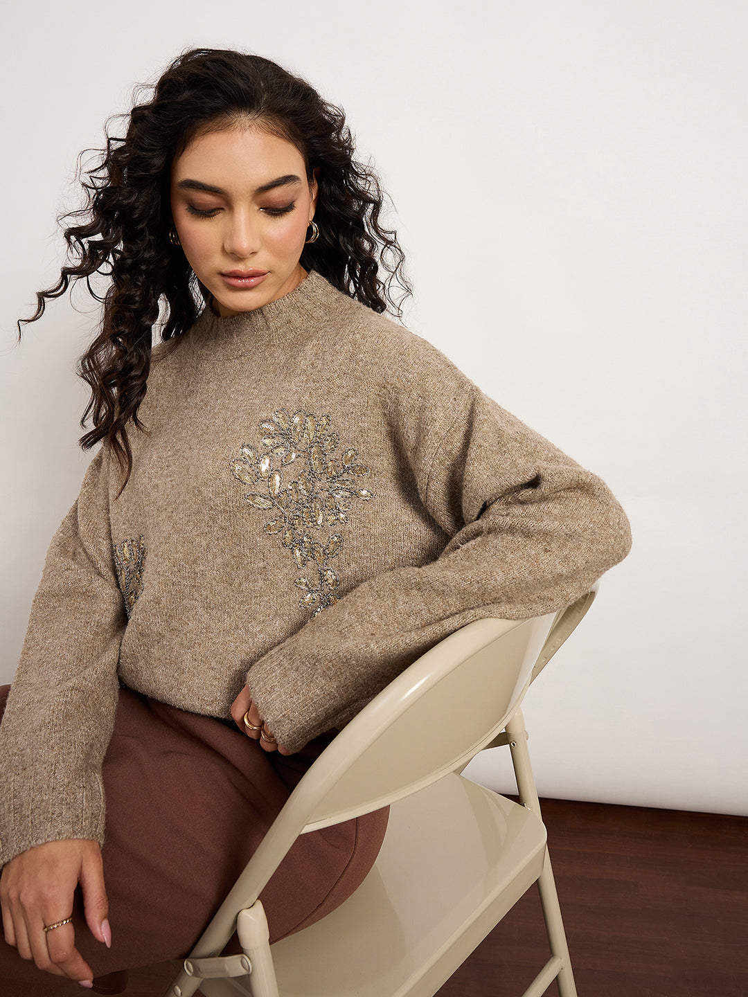 Khaki Sweater With Embellished Patch