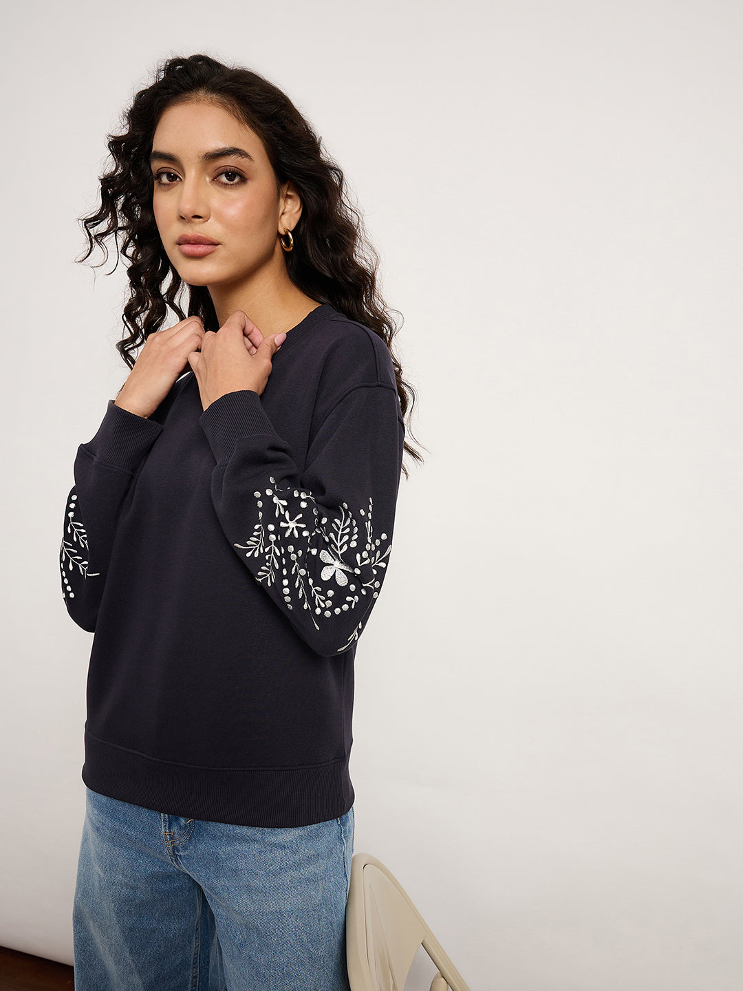 Navy Sweatshirt With Placement Embroidery