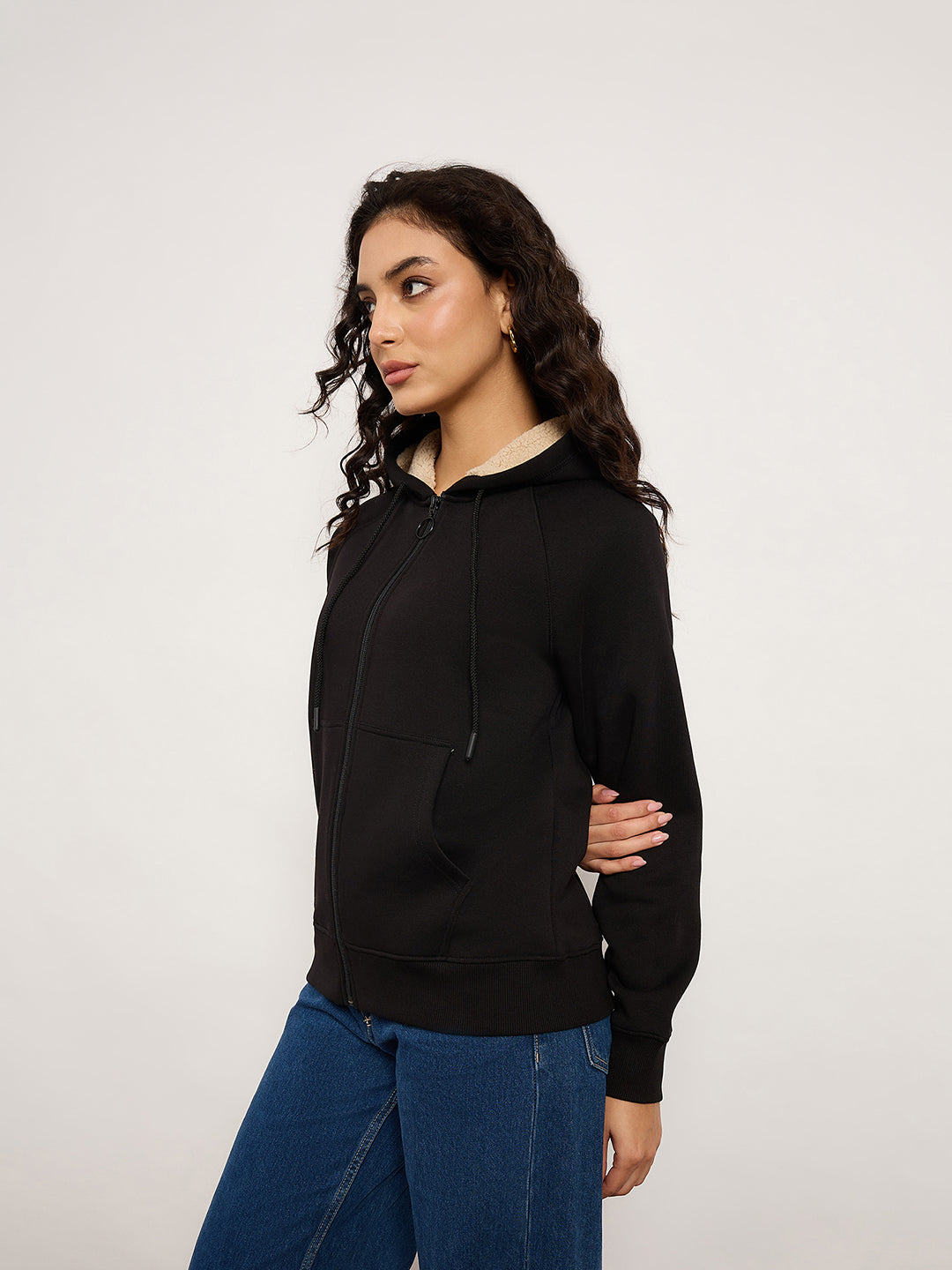 Black Zip-Up Sweatshirt With Kangaroo Pocket