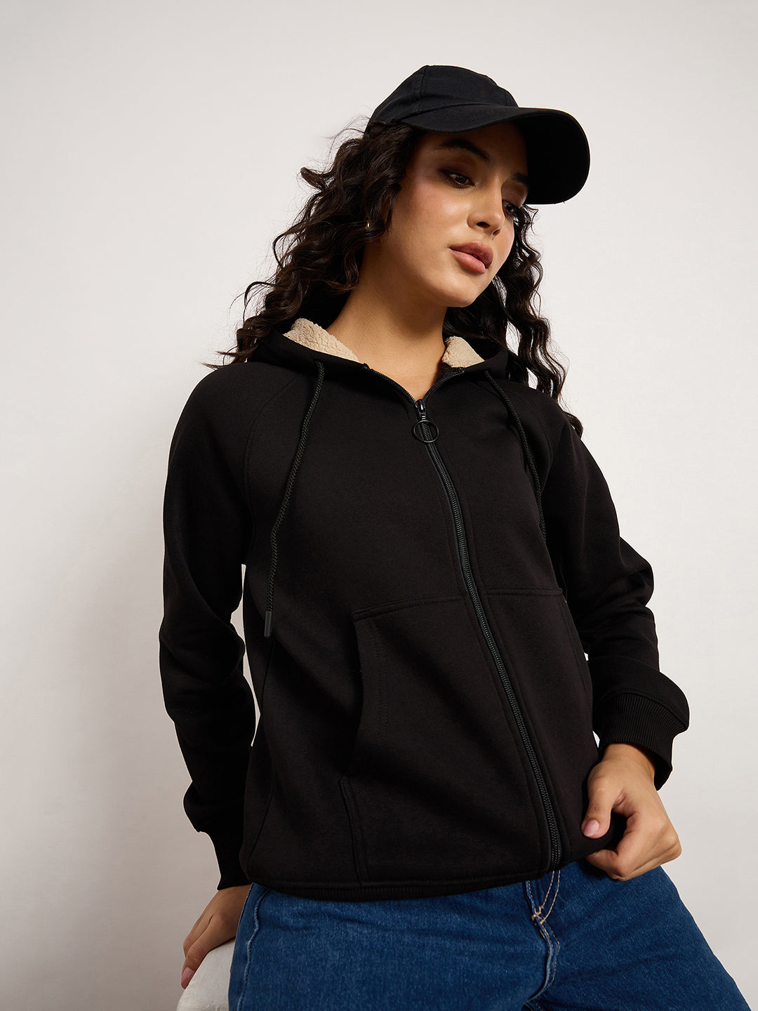 Black Zip-Up Sweatshirt With Kangaroo Pocket