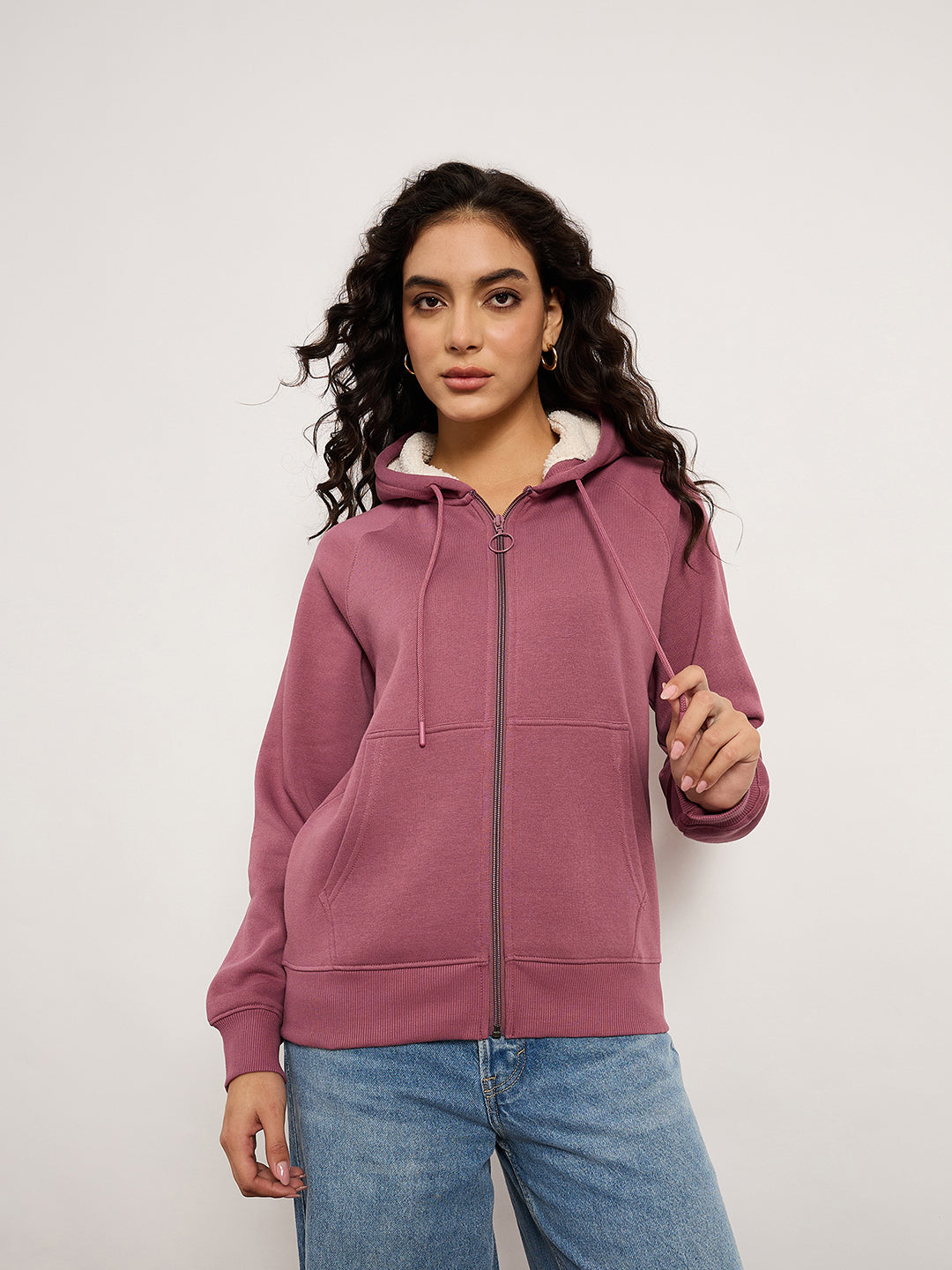 Dusky Pink Zip-Up Sweatshirt With Kangaroo Pocket