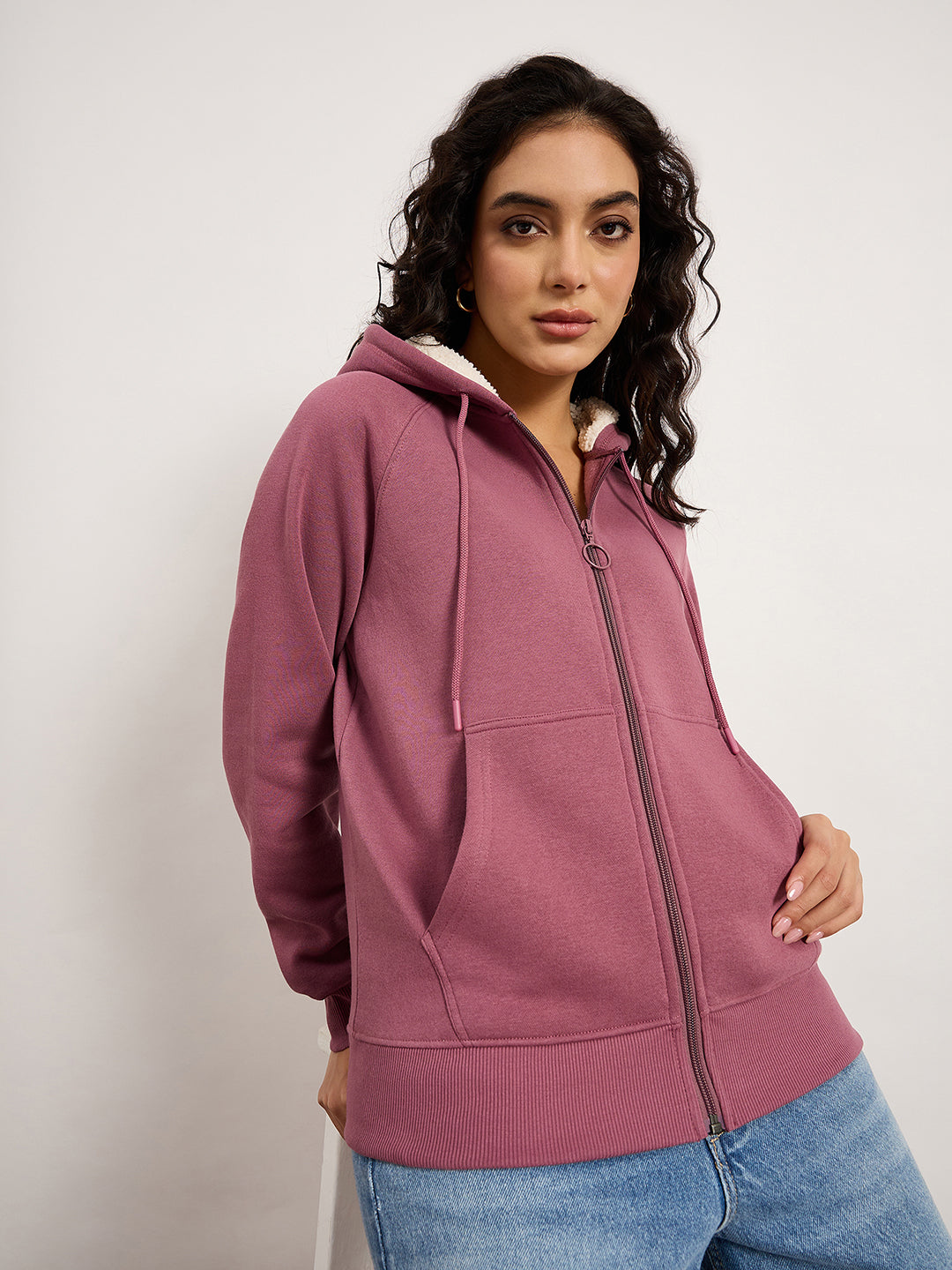 Dusky Pink Zip-Up Sweatshirt With Kangaroo Pocket