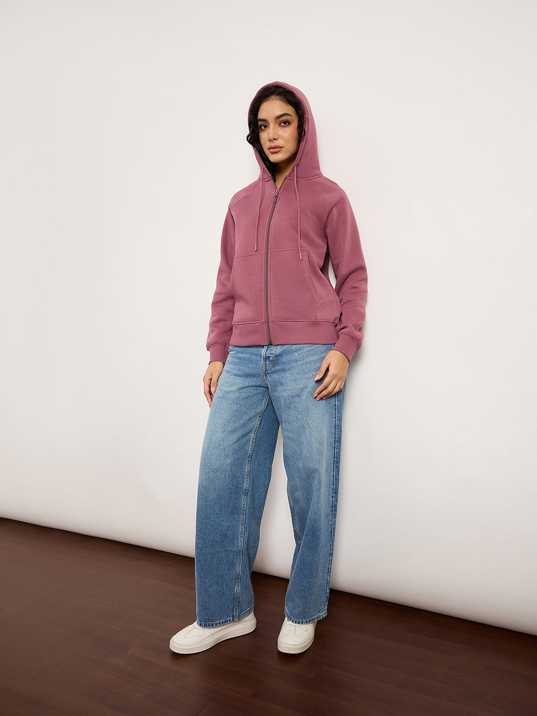 Dusky Pink Zip-Up Sweatshirt With Kangaroo Pocket