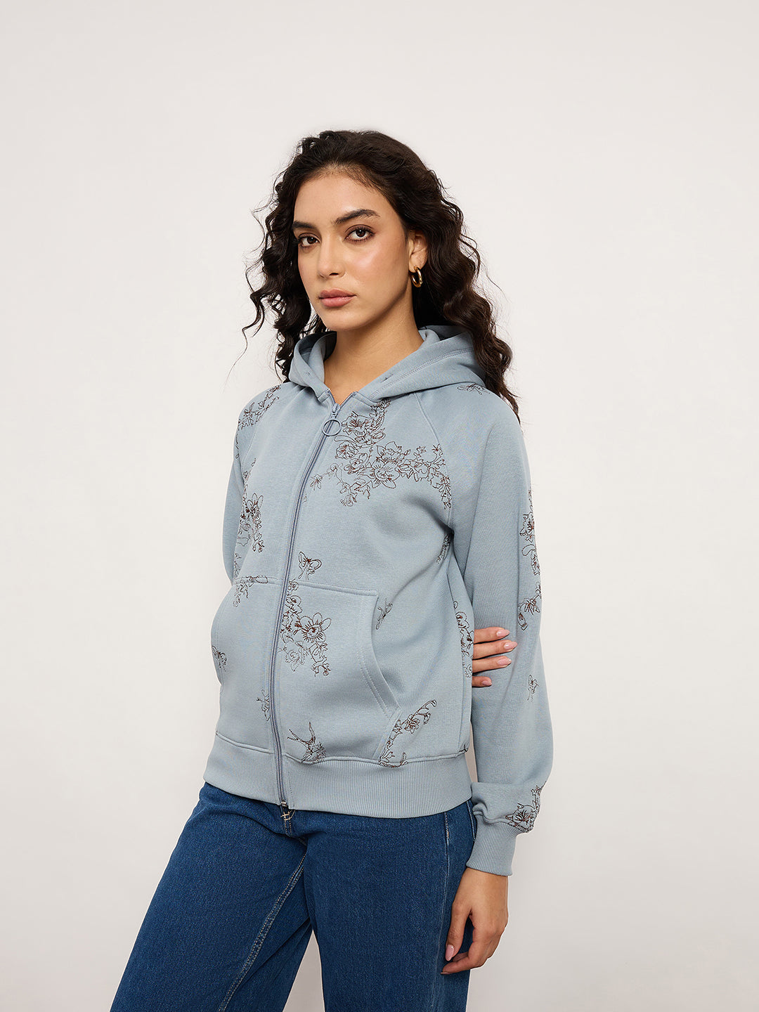 Blue Zip-Up Sweatshirt With Kangaroo Pocket