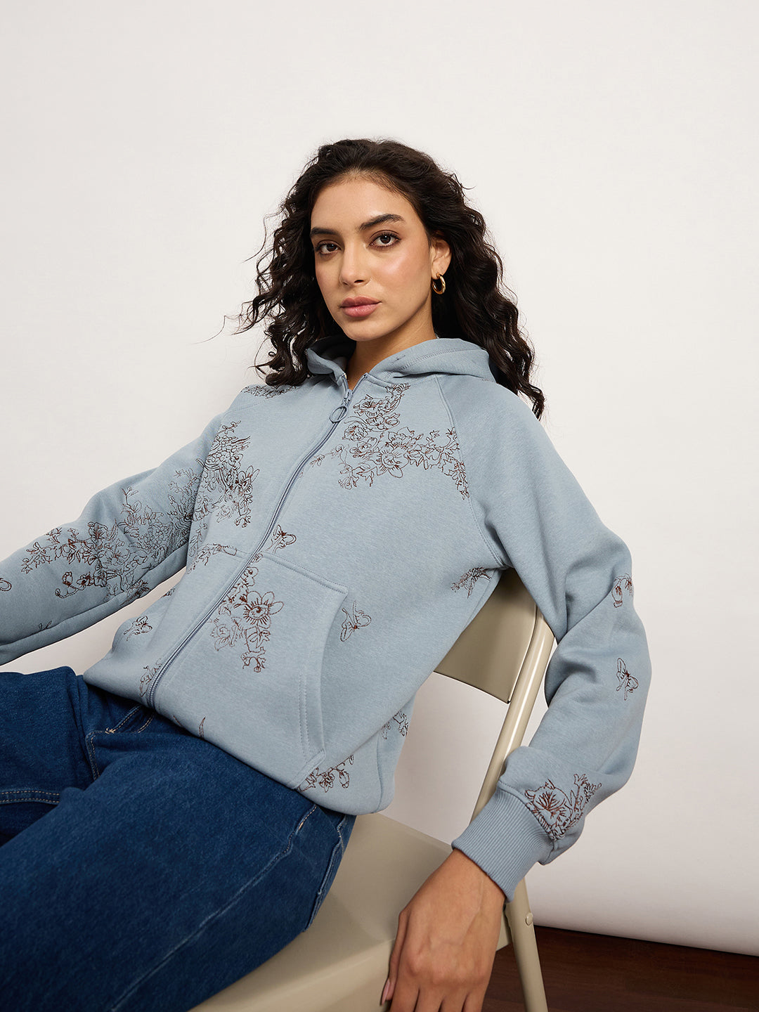Blue Zip-Up Sweatshirt With Kangaroo Pocket