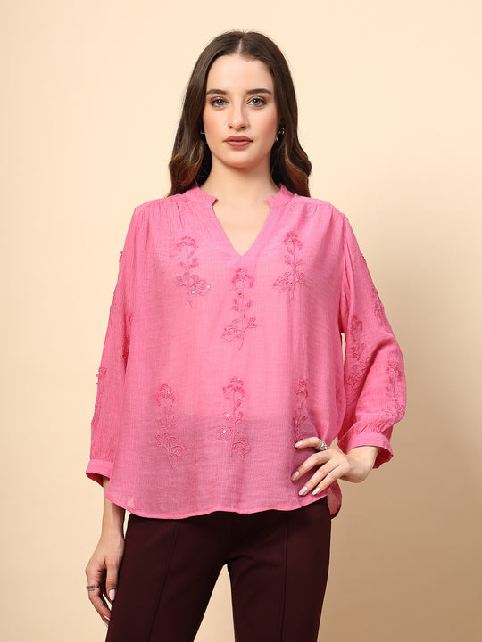 Fuchsia Wrinkled Georgette Tunic with Embroidery