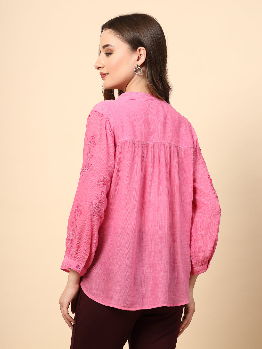Fuchsia Wrinkled Georgette Tunic with Embroidery