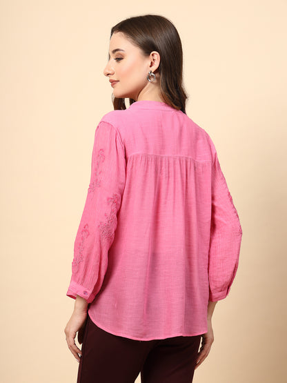 Fuchsia Wrinkled Georgette Tunic with Embroidery