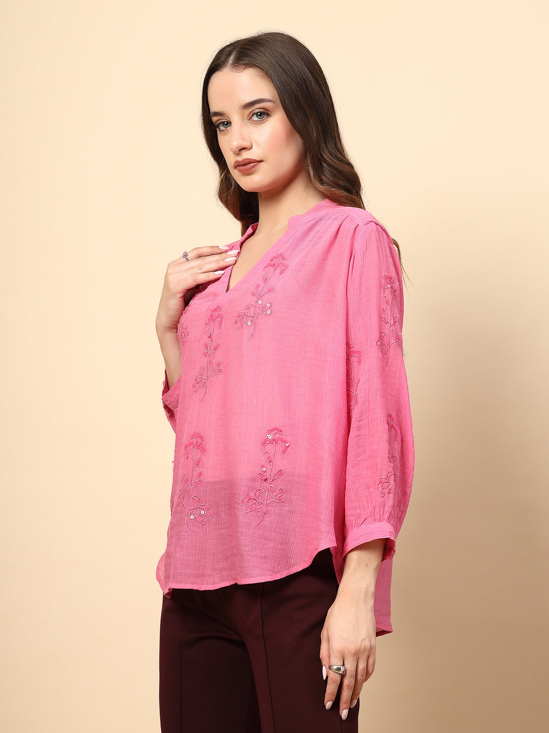 Fuchsia Wrinkled Georgette Tunic with Embroidery