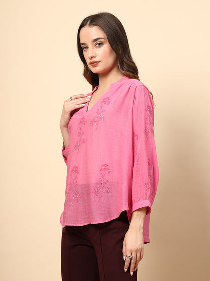 Fuchsia Wrinkled Georgette Tunic with Embroidery