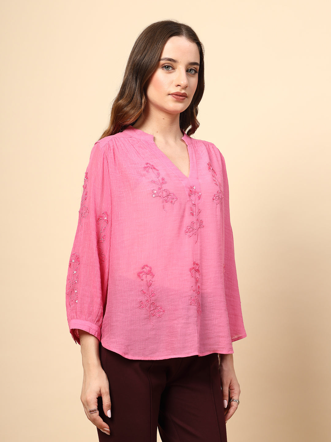 Fuchsia Wrinkled Georgette Tunic with Embroidery
