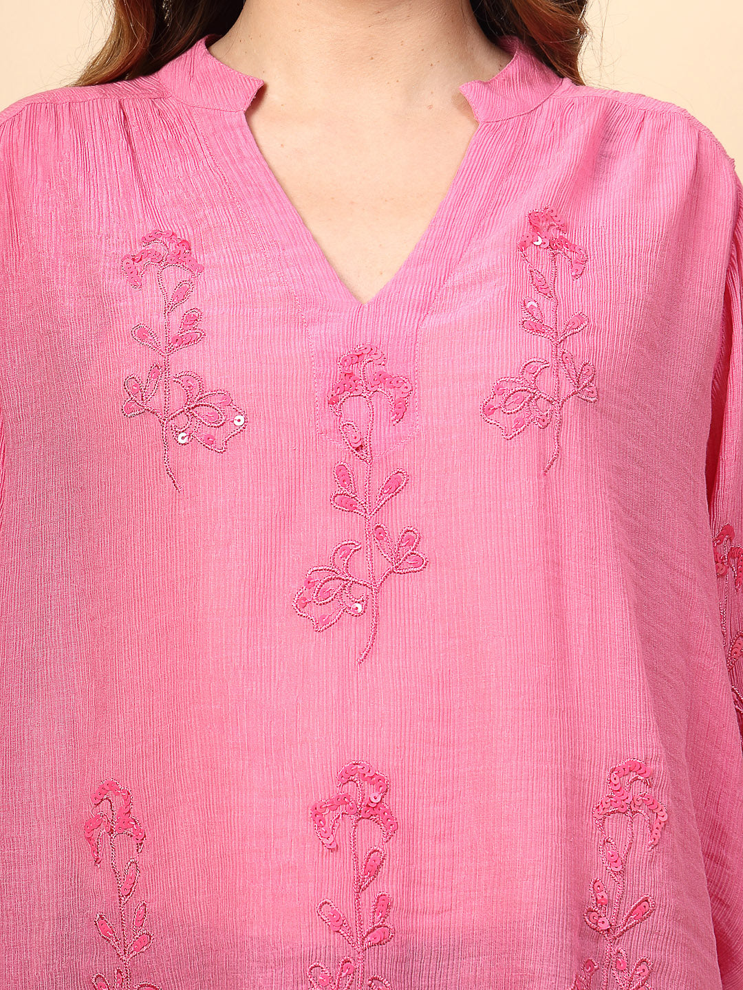 Fuchsia Wrinkled Georgette Tunic with Embroidery