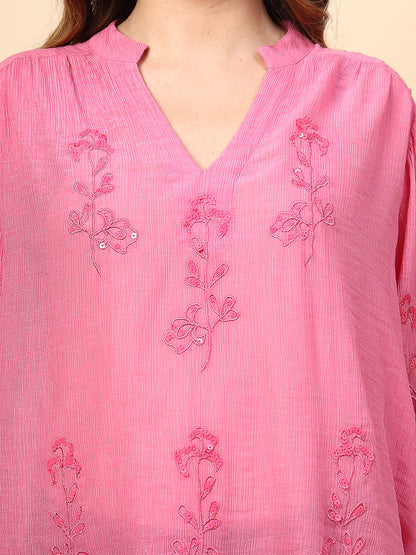 Fuchsia Wrinkled Georgette Tunic with Embroidery