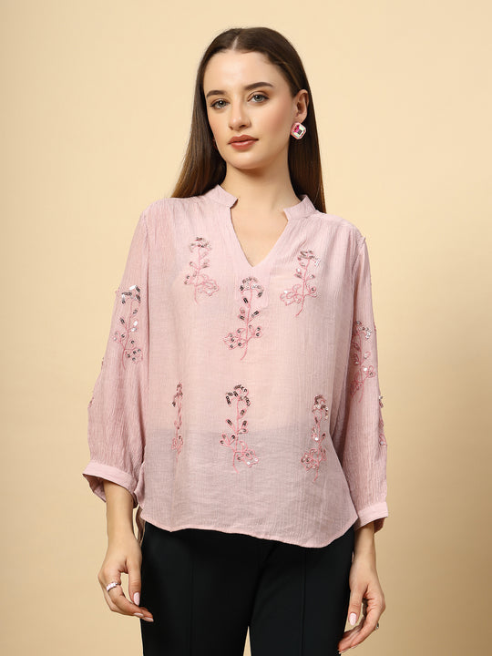 Light Pink Wrinkled Georgette Tunic with Embroidery