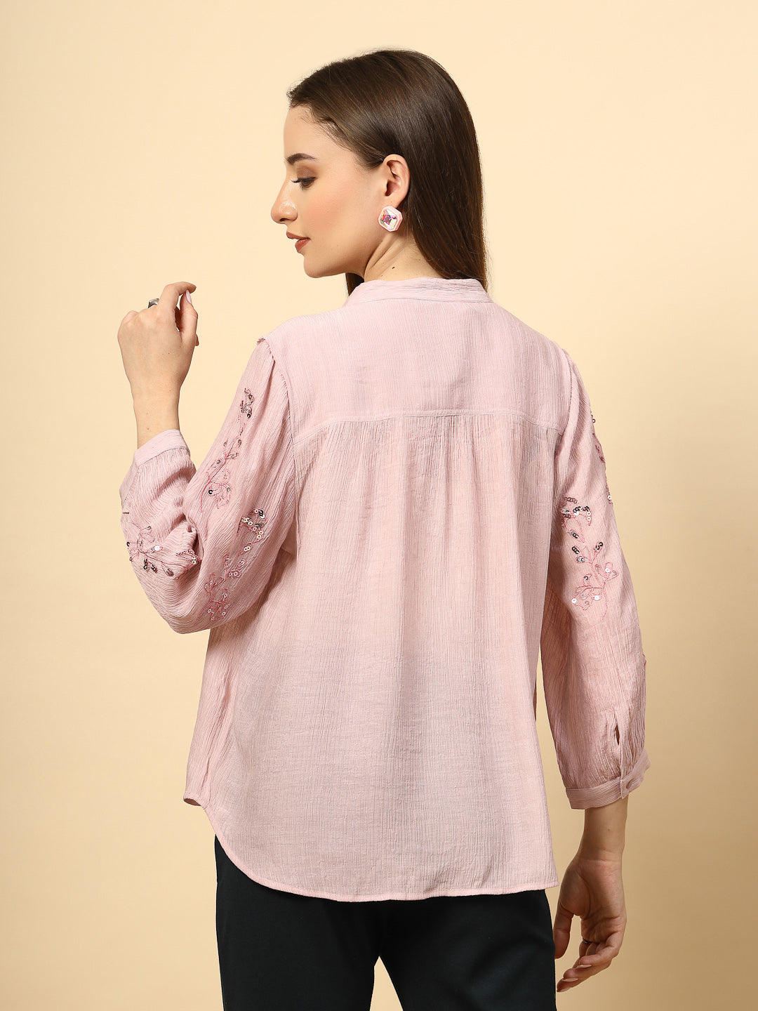 Light Pink Wrinkled Georgette Tunic with Embroidery