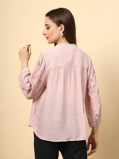 Light Pink Wrinkled Georgette Tunic with Embroidery