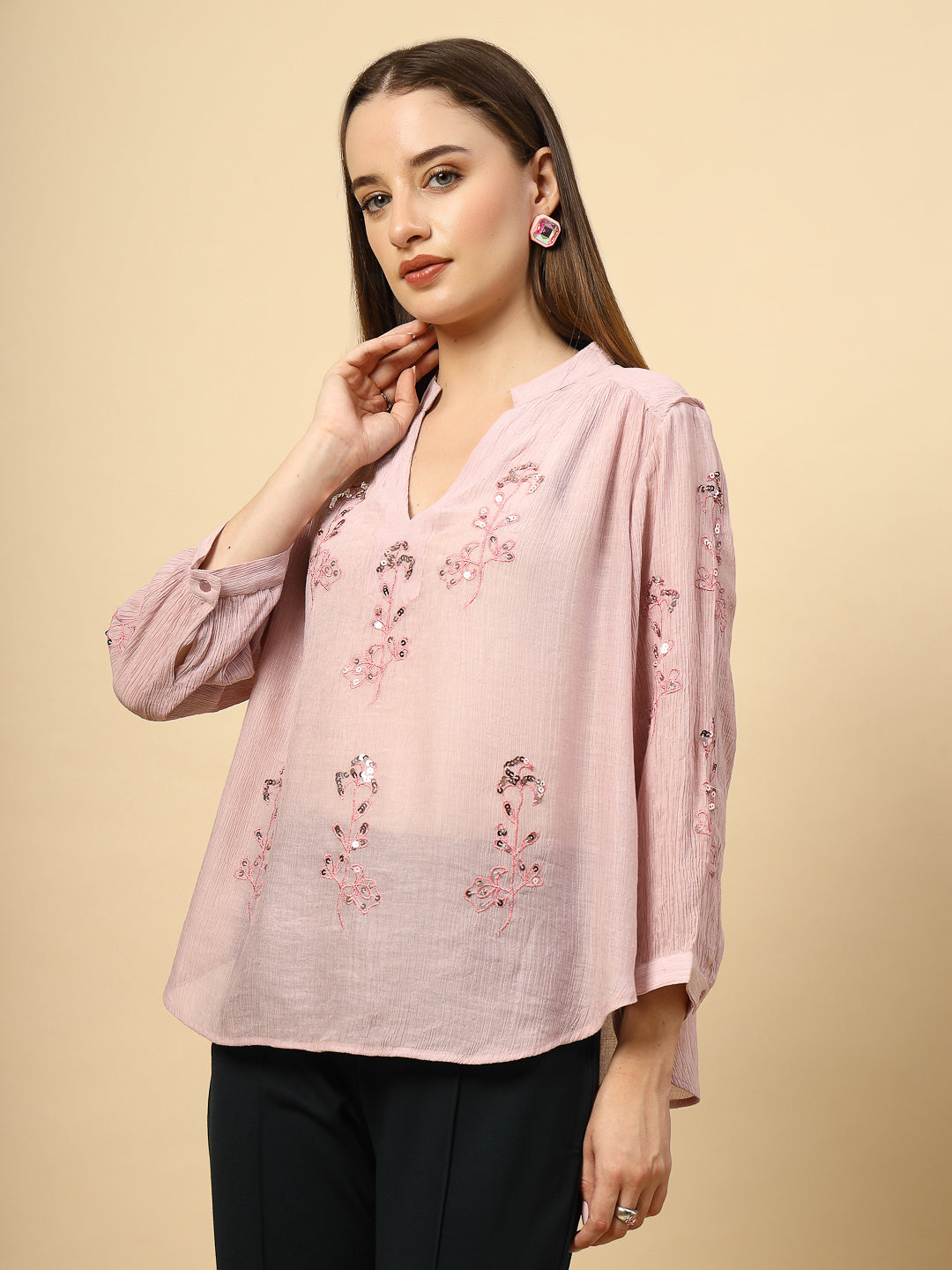 Light Pink Wrinkled Georgette Tunic with Embroidery