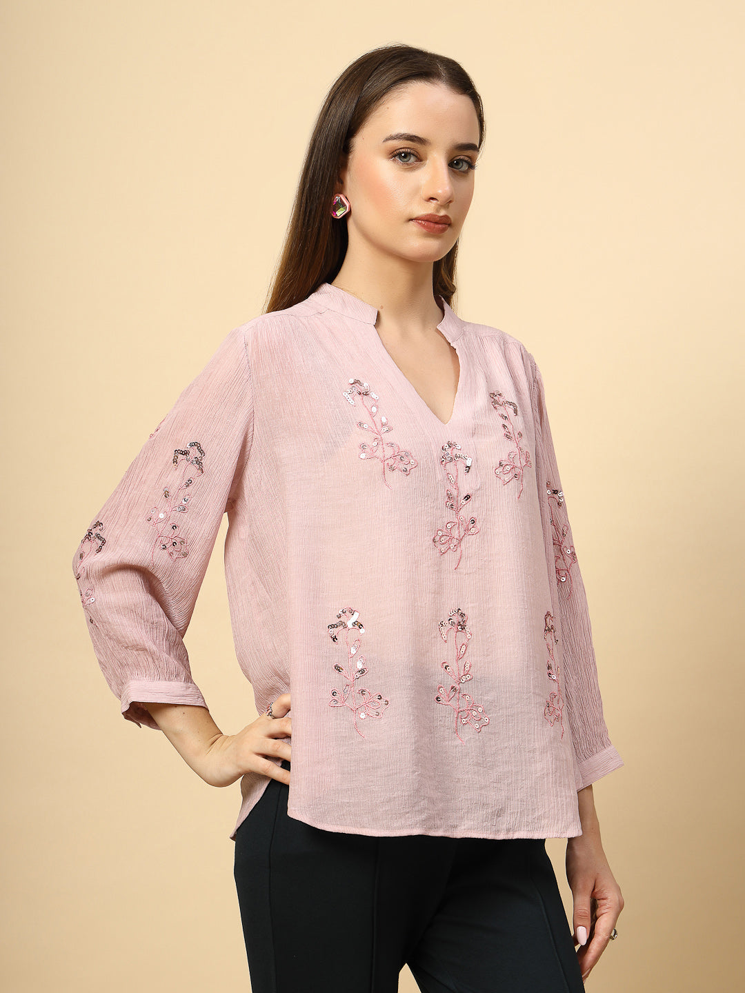 Light Pink Wrinkled Georgette Tunic with Embroidery