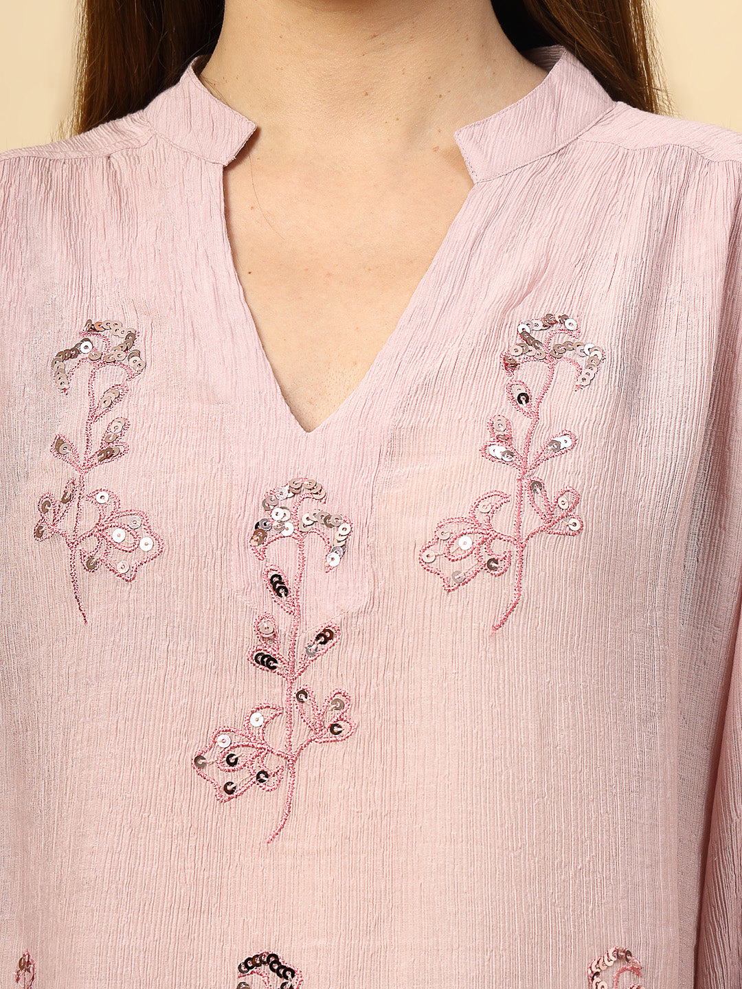 Light Pink Wrinkled Georgette Tunic with Embroidery