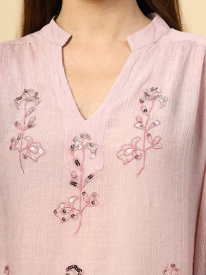 Light Pink Wrinkled Georgette Tunic with Embroidery