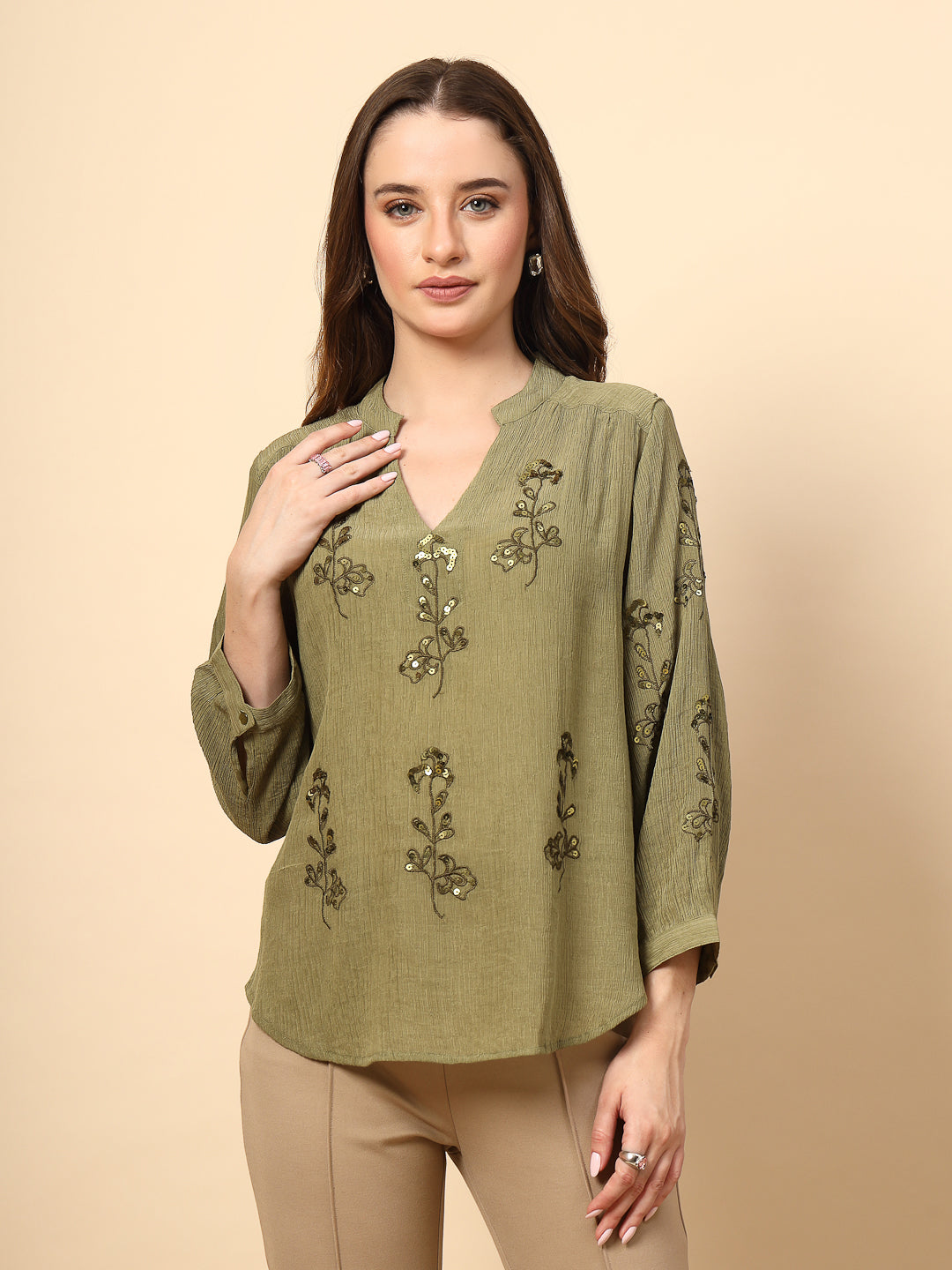 Olive Wrinkled Georgette Tunic with Embroidery