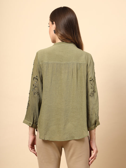 Olive Wrinkled Georgette Tunic with Embroidery