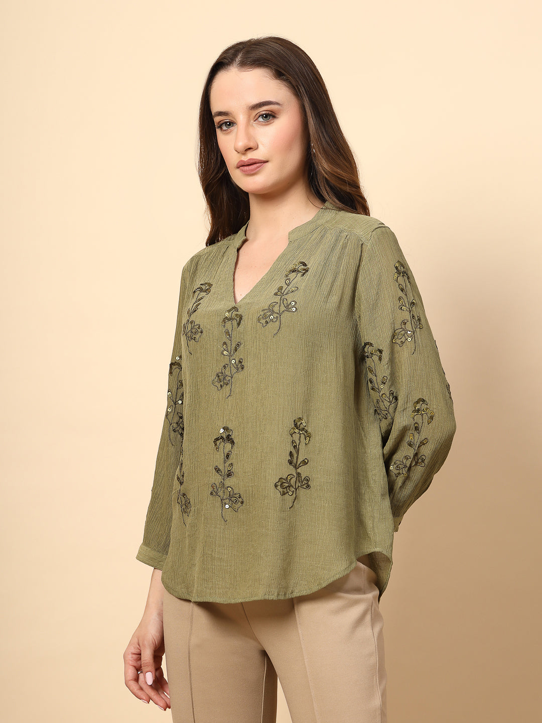 Olive Wrinkled Georgette Tunic with Embroidery