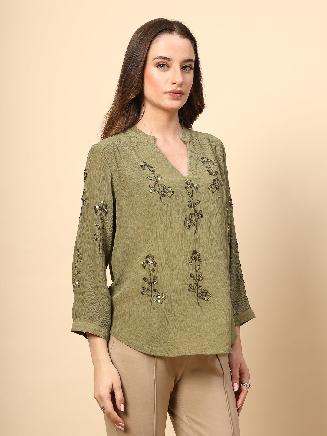 Olive Wrinkled Georgette Tunic with Embroidery