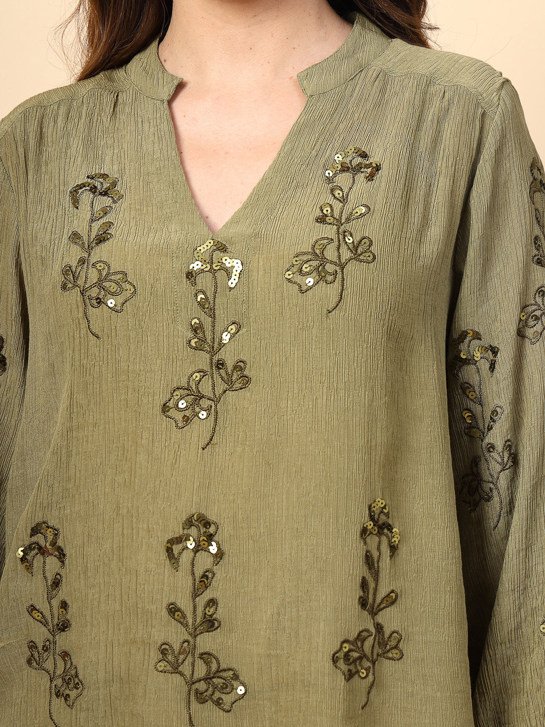 Olive Wrinkled Georgette Tunic with Embroidery