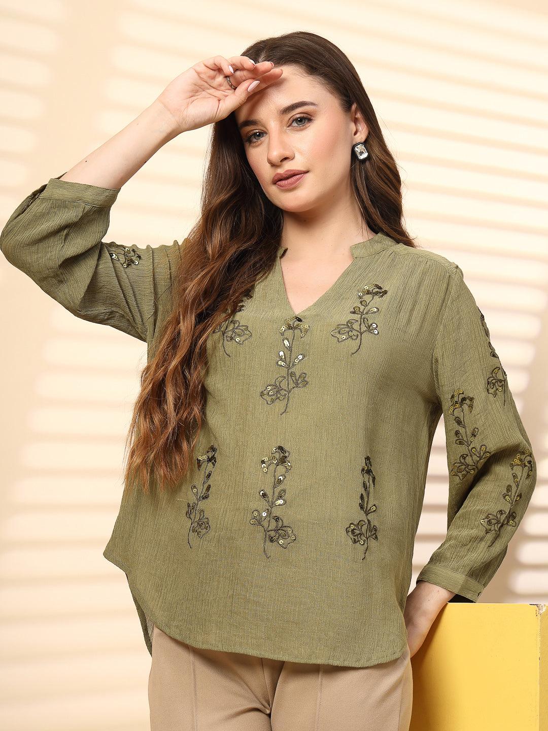 Olive Wrinkled Georgette Tunic with Embroidery