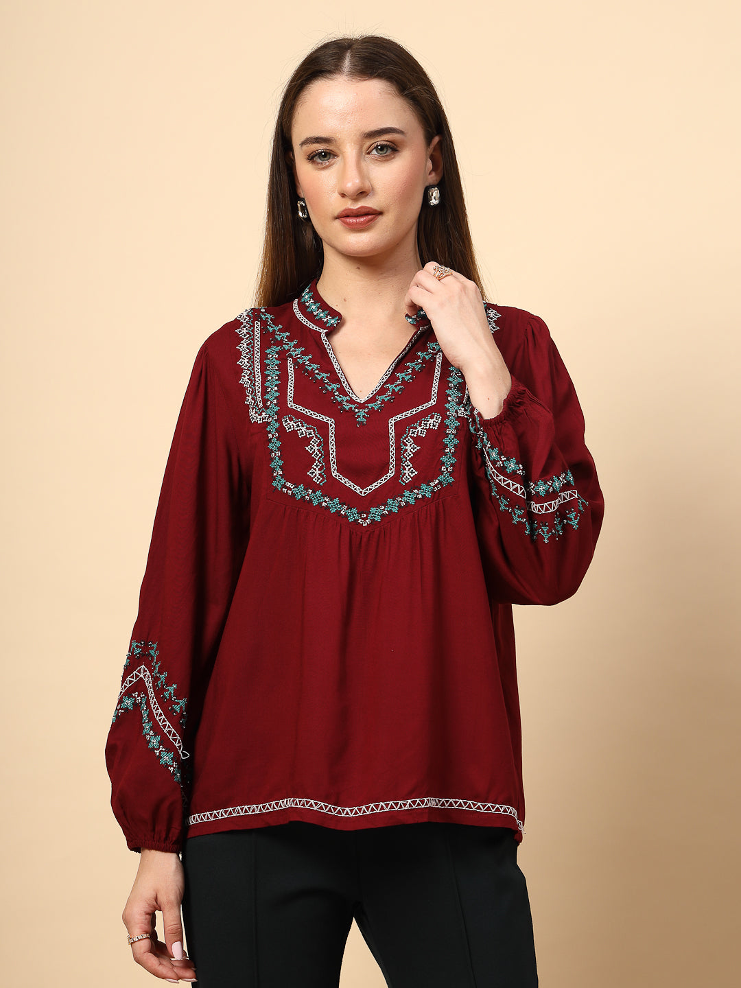 Maroon Rayon Tunic with Embroidey And Embellished Front