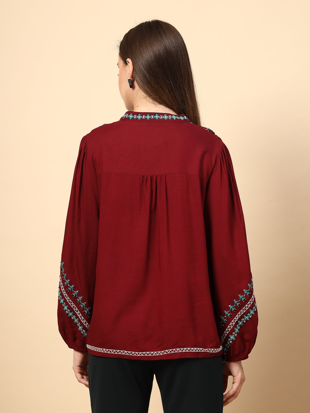 Maroon Rayon Tunic with Embroidey And Embellished Front